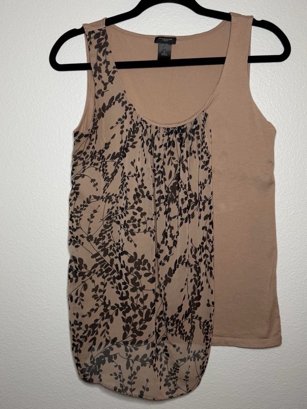 Ann Taylor Taupe Tank with Black Botanical Print - Picture 2 of 8